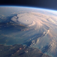 Wall Mural - Hurricane eye from space aerial view showing cloud formation and earth horizon atmosphere weather system