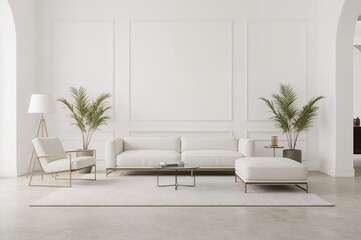 Wall Mural - contemporary living space with sofa, armchair, and ornamental accents. 3d rendering.