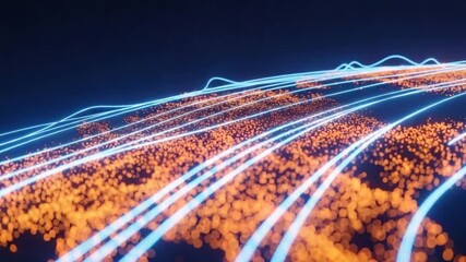 Wall Mural - Abstract digital landscape of glowing lines and particles flowing across a dark background.