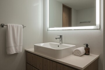 Wall Mural - contemporary bathroom setup featuring a basin, towel, and reflective surface
