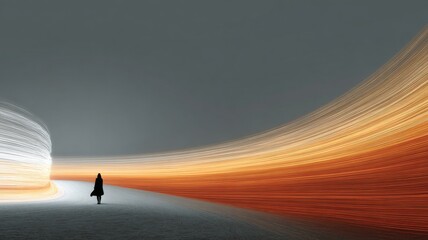 A human silhouette standing in a digital tunnel of data streams, glowing binary code and light trails