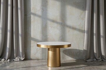 Wall Mural - a circular marble tabletop featuring a vacant golden metal edge is shown for reference. sunlight fil