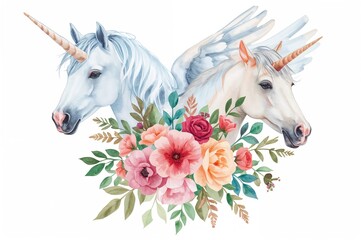 Wall Mural - a stunning watercolor illustration featuring a unicorn, a winged horse, and a blossoming bouquet on 