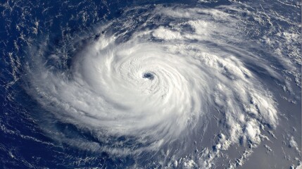 Wall Mural - Aerial View of a Powerful Hurricane Swirling Over the Ocean Waters, Dramatic Weather Phenomenon, Eye of the Storm Visible, Satellite Imagery