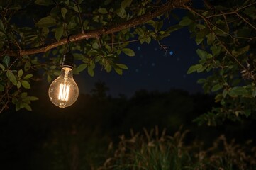 Wall Mural - Glowing bulb illuminating the outdoor camp area