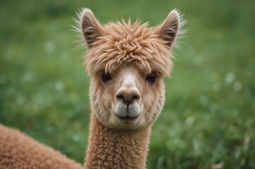 alpaca with light brown fur against a lush green backdrop