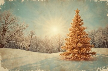 Wall Mural - in a retro winter scene, a radiant golden christmas tree shines brightly, decorated with elaborate m