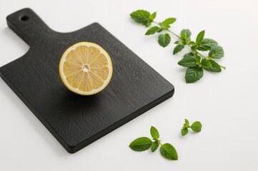 Wall Mural - summer citrus mojito ingredients featuring lemon and fresh mint on a dark serving board