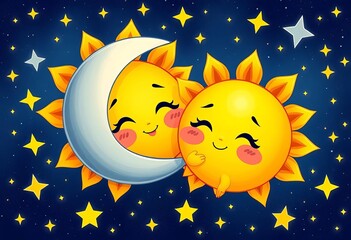 Wall Mural - Adorable sun and moon cartoon characters cuddling amidst twinkling stars,  twinkle,  yellow