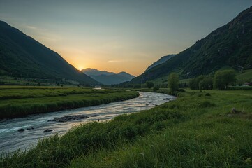 Wall Mural - sunset casting warm hues over grassy hills and flowing river