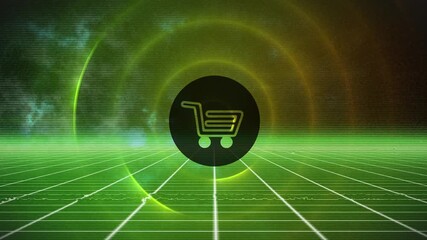 Wall Mural - animation of shopping cart icon over circles in green digital space