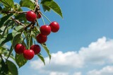 Lush Red Cherry Fruits Hanging from Slender Stems Under a Clear Blue Sky, Horticulture, Nutritious Snack