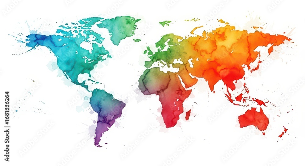 Watercolor world map with rainbow colors and splatters Stock ...