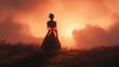 © eno - A woman in a dress stands in a field, watching the sunset with a pink bow.
