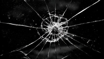 High quality photo of close up of a shattered glass surface with radiating cracks.