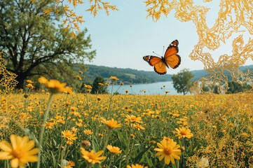 Yellow butterfly soaring over a meadow with blooming flowers, abstract nature pattern with water and trees, summer landscape with leaves