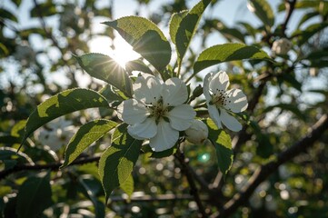 Wall Mural - Sunlit apple tree flowers blooming in a home garden during spring