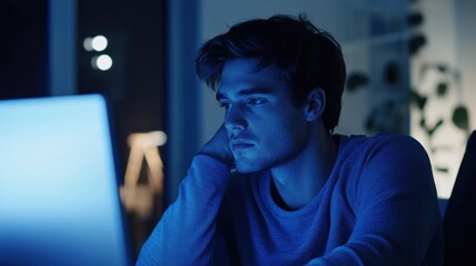 Young man absorbed by the illuminated computer screen in deep concentration