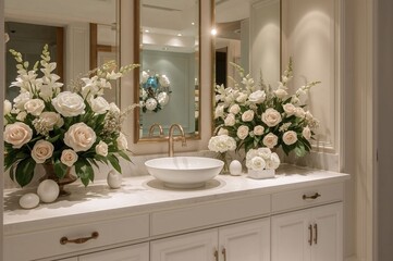 Canvas Print - vessel sink surrounded by floral and decorative accents on the countertop