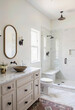 © Eliane - A chic and modern bathroom with a stylish wood vessel sink, a classic vanity, and a spacious walk-in shower, creating a warm and sophisticated spa-like retreat.