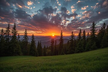 Wall Mural - as daylight fades beyond the extensive mountain peaks, a golden light bathes the fall woodland while