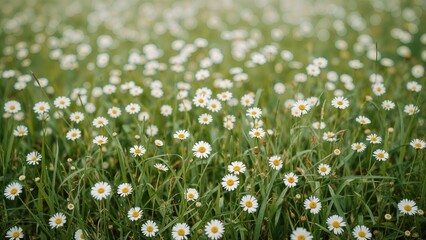 Wall Mural - White charming daisies blooming in a lush green meadow. Gardening theme