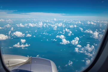 Wall Mural - Looking out the airplane's window seat at the bright sky filled with fluffy clouds above the deep blue sea.