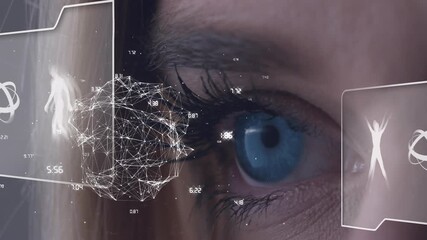 Wall Mural - caucasian woman's with blue eye scanning graphical rotating globe and display with human anatomy