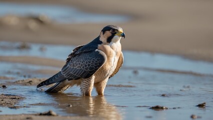 Wall Mural - close-up image of a peregrine falcon beside a river on the coast, facing left