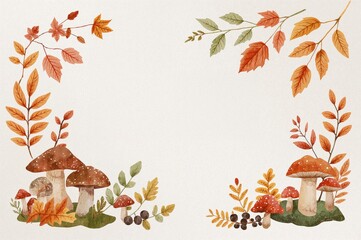 Wall Mural - autumn foliage and fungi depicted in watercolor style