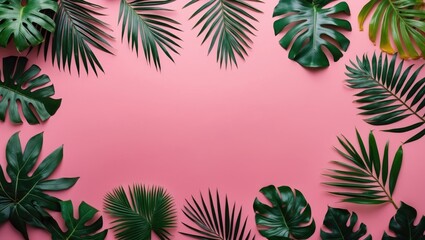 Wall Mural - Vibrant array of tropical plant leaves against a pink background seen from the top