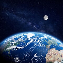 Majestic earth orbiting the moon in deep space with starry galaxy