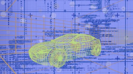 Wall Mural - animation of 3d car drawing driving with data processing over grid