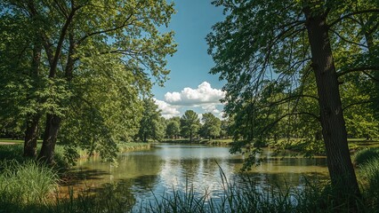 Wall Mural - landscape of a pond surrounded by tree branches on a bright summer day