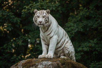 Wall Mural - albino amur and bengal tigers with a white tiger perched on a rocky surface