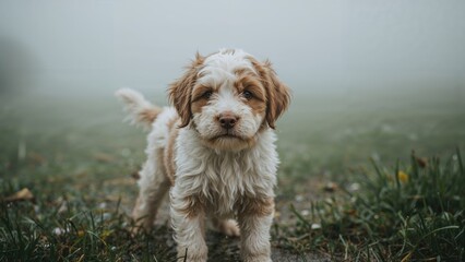 Wall Mural - wet bernedoodle puppy enjoying the foggy air outside
