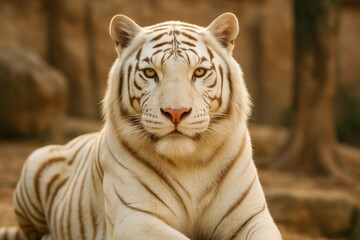 Wall Mural - rare albino tiger roaming in a zoo setting