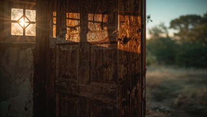 Wall Mural - Vertical shot of a weathered door with beams of sunlight.