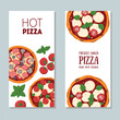 © DiViArts - Italian Pizza. Banner set. Italian food. Vector illustration. Hand drawn flat food style.  Top view. Menu, package, logo, design template.
