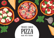 © DiViArts - Italian Pizza frame. Italian food. Vector illustration. Hand drawn flat food style.  Top view. Menu, package, logo, design template.