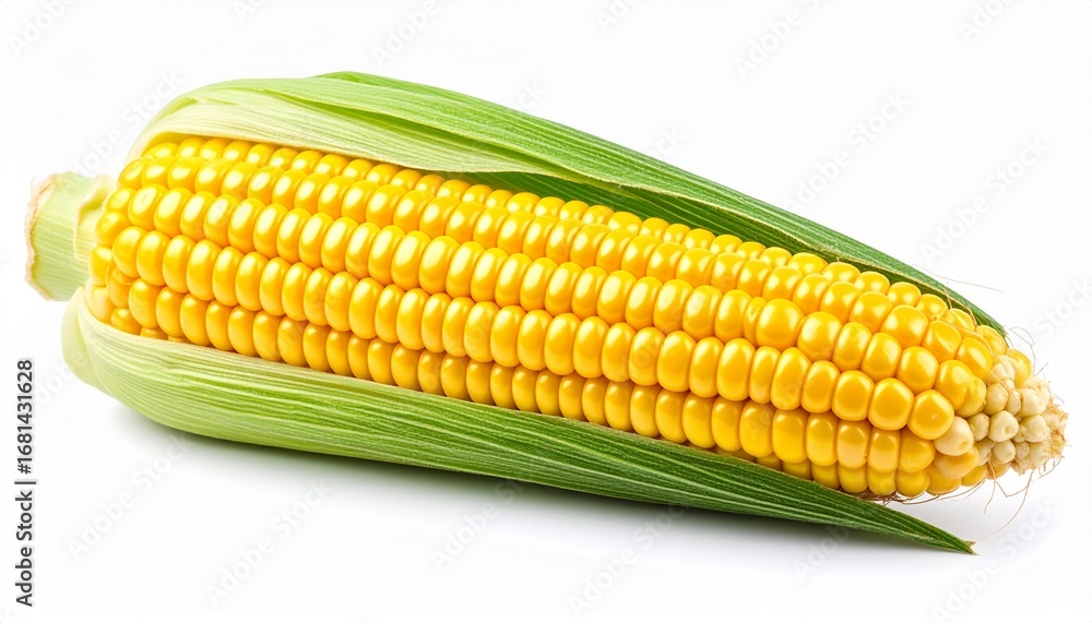 Fresh yellow corn cob with detailed kernels natural husk partly removed ...