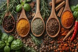 Assortment of spices in wooden scoops alongside fresh aromatic herbs packed with antioxidants