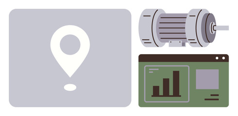 Location pin, industrial motor, data dashboard with chart. Ideal for engineering, data monitoring, technological progress, logistics, location tracking innovation industrial solutions. Simple flat