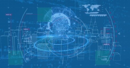 Wall Mural - animation of digital city over scope scanning and data processing on blue background