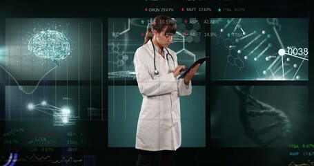 Wall Mural - animation of data processing over caucasian female doctor with tablet