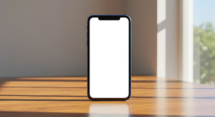 Modern mobile phone with a blank white screen mockup on a wooden table in a sunlit room. Digital device template for showcasing an application or website