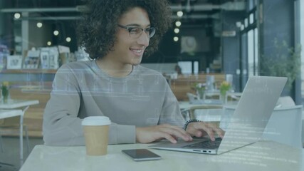 Wall Mural - animation of scientific data over happy man using laptop