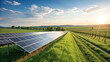 © Arslan - Solar panels gleam in a green field at sunset. Clean energy concept for presentations, posters, and branding.