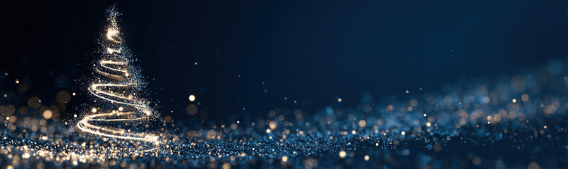 Sparkling abstract Christmas tree made of glittering particles against a dark blue bokeh background; festive digital art.