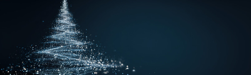 Sparkling abstract Christmas tree made of glittering particles against a dark blue bokeh background; festive digital art.